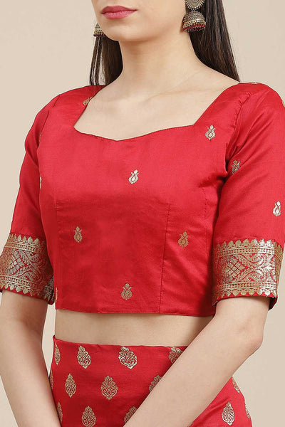 Buy Sophie Red Silk Blend Floral Woven Design Dharmavaram One Minute Saree Online - Back