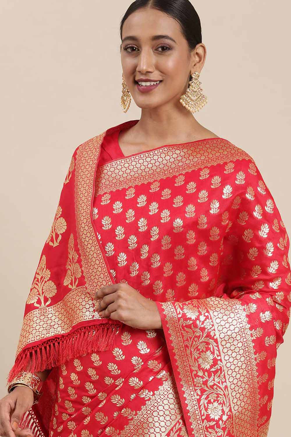 Buy Rihanna Red Floral Blended Silk One Minute Saree Online - Back
