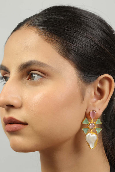 Buy Jazara Pink & Green Monalisa Stone and Baroque Pearl Earrings Online - One Minute Saree