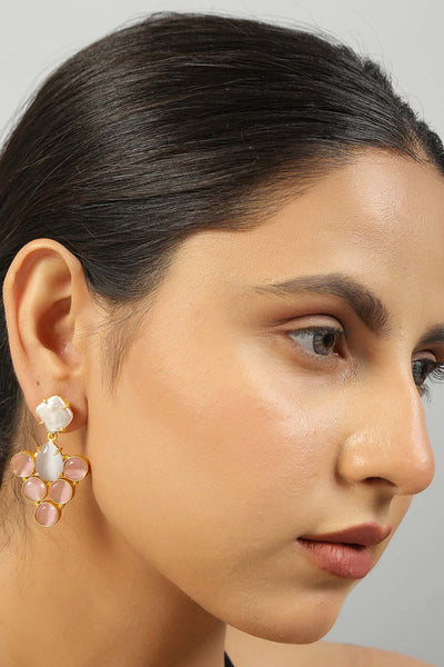 Buy Rukia Grey & Pink Monalisa Stone and Fresh Water Pearl Earrings Online - Front