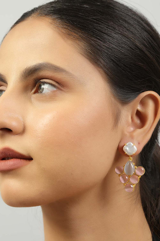 Buy Rukia Grey & Pink Monalisa Stone and Fresh Water Pearl Earrings Online - Back