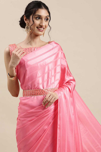 Buy Amrita Pink Striped Satin One Minute Saree Online - Back