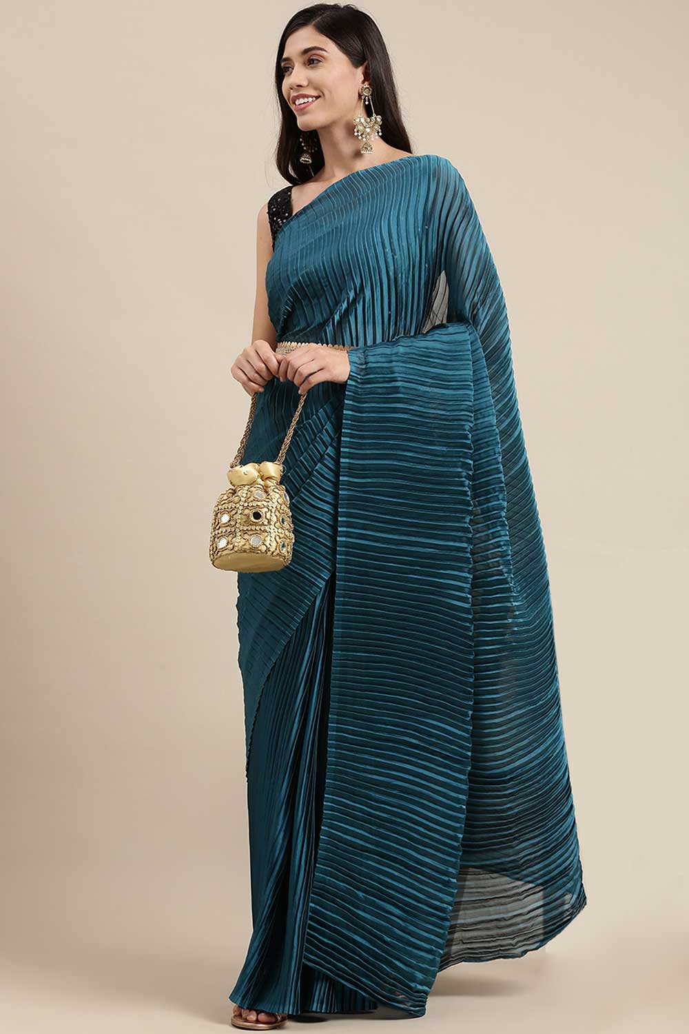Buy Sony Teal Blue Thin Pleats Georgette One Minute Saree Online