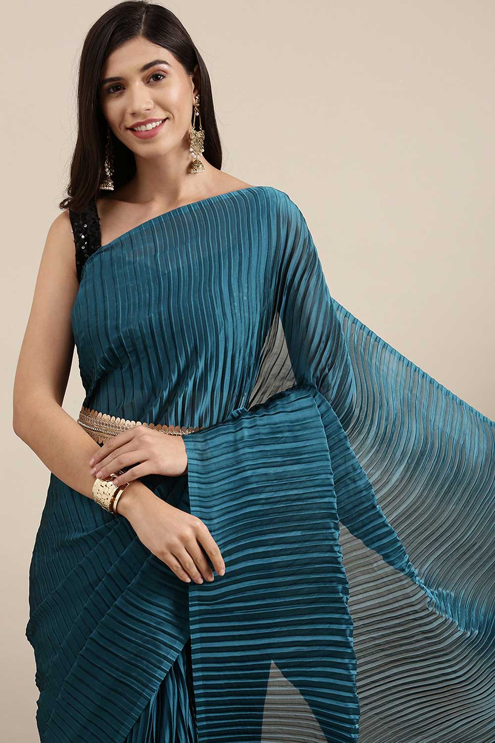 Buy Sony Teal Blue Thin Pleats Georgette One Minute Saree Online - Back