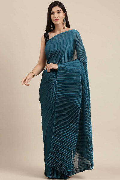 Buy Sony Teal Blue Thin Pleats Georgette One Minute Saree Online - One Minute Saree