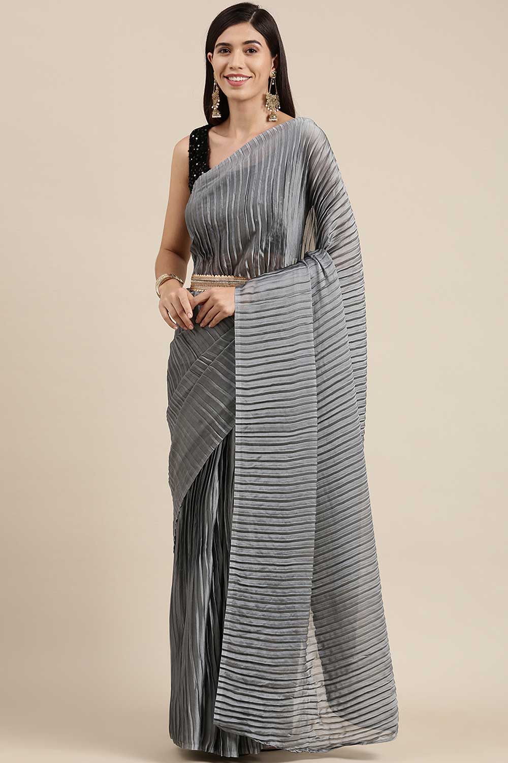 Buy Greta Grey Thin Pleats Georgette One Minute Saree Online - One Minute Saree