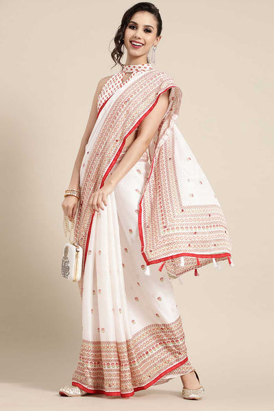 Buy Janvi White Jute Silk Floral Embellished Banarasi One Minute Saree Online - One Minute Saree