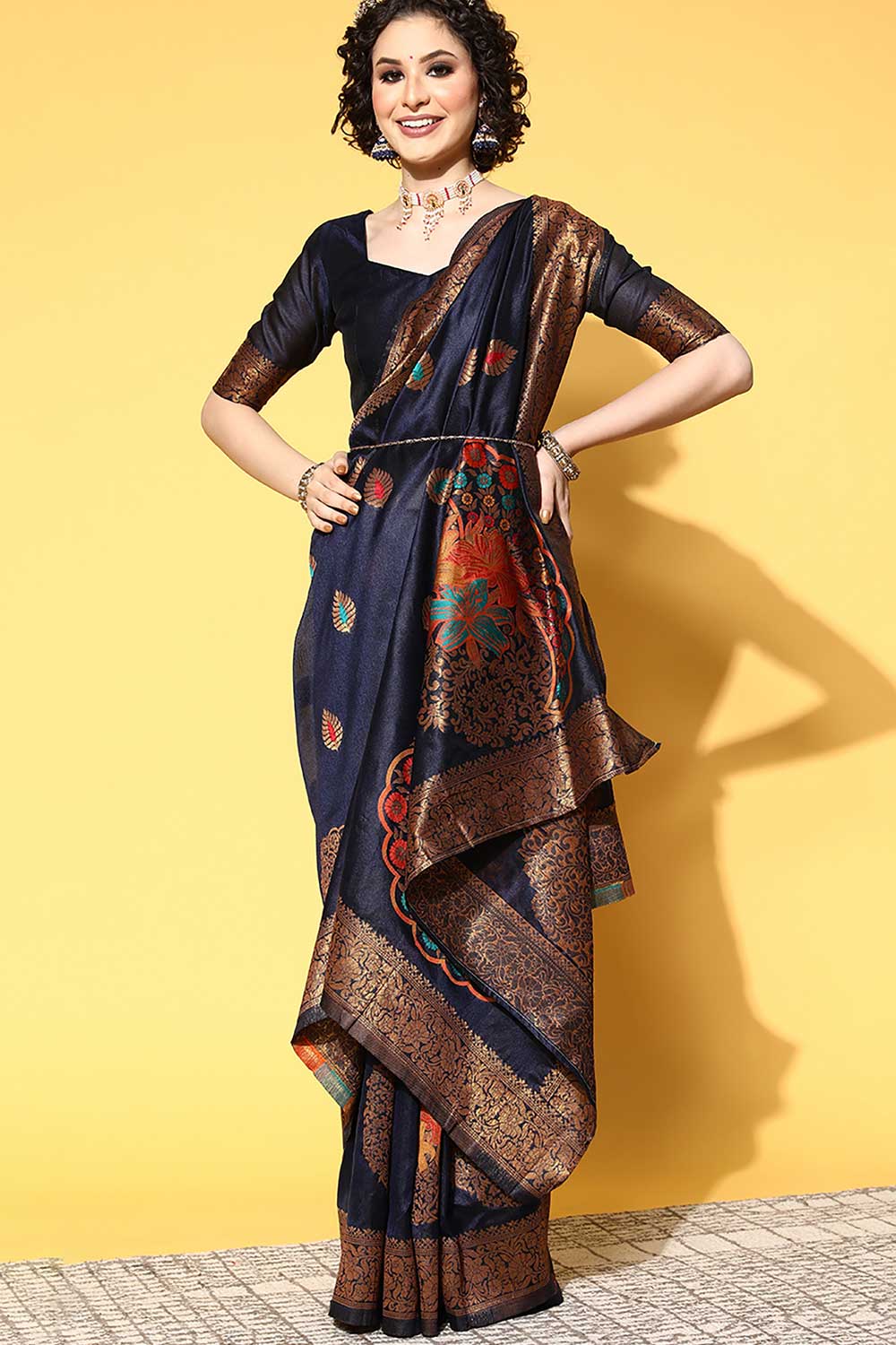 Buy Miriam Navy Blue Silk Blend Floral Woven Design One Minute Saree Online - One Minute Saree