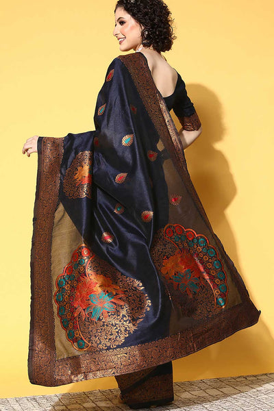 Shop Miriam Navy Blue Silk Blend Floral Woven Design One Minute Saree at best offer at our  Store - One Minute Saree