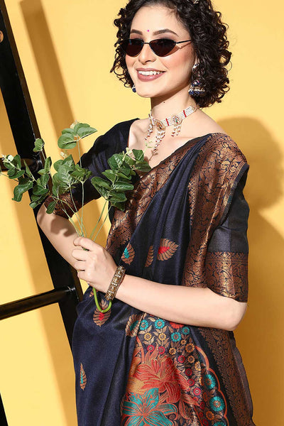 Buy Miriam Navy Blue Silk Blend Floral Woven Design One Minute Saree Online