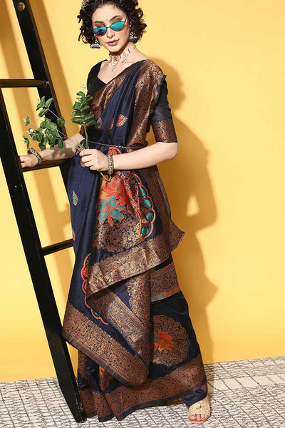 Buy Miriam Navy Blue Silk Blend Floral Woven Design One Minute Saree Online - Back