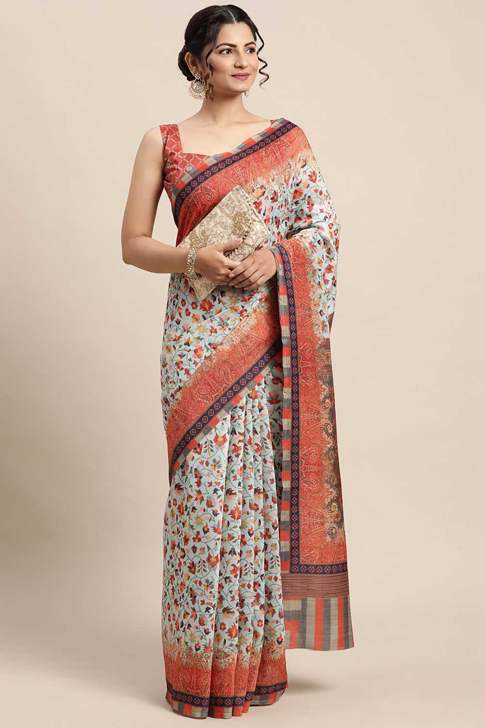 Buy Shilpa Sea Green Poly Silk Paisley Print Pochampally One Minute Saree Online - Back