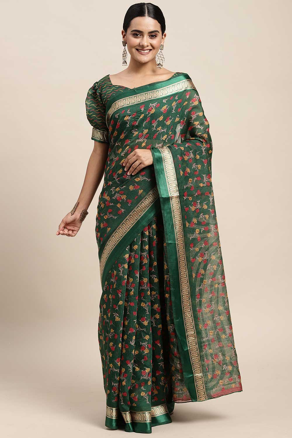 Tiana Green Cotton Silk Floral Printed One Minute Saree