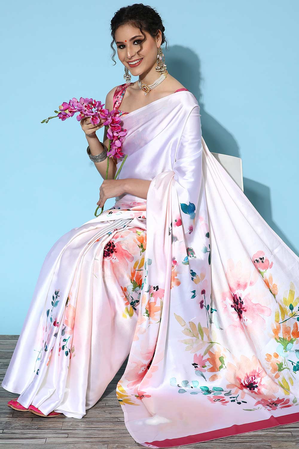 Buy Ella Crepe Peach Digital Print One Minute Saree Online