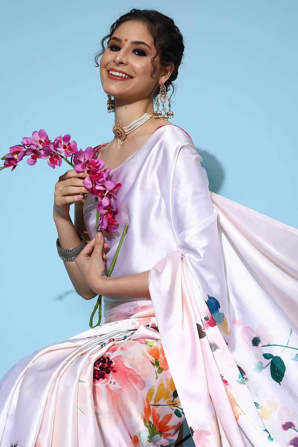 Buy Ella Crepe Peach Digital Print One Minute Saree Online - Back