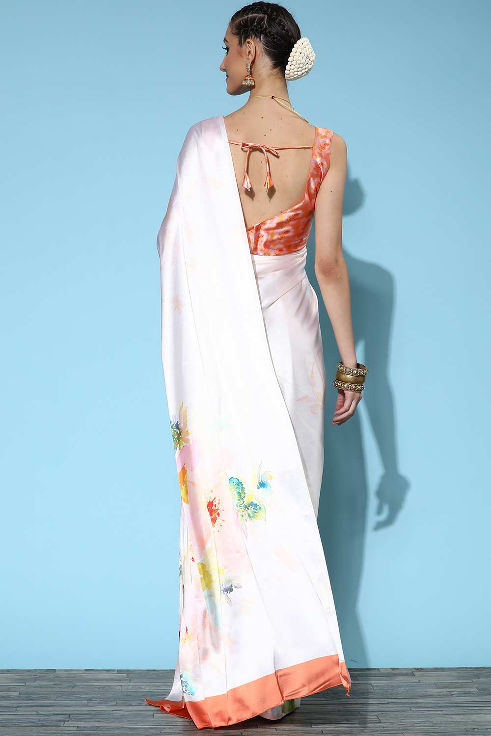 Off White Crepe Party Wear Floral Printed One Minute Saree