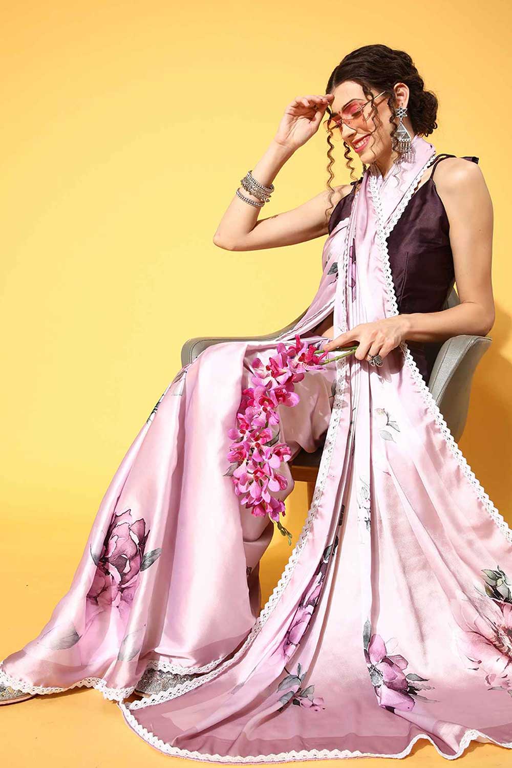 Buy Arya Crepe Pink Printed Designer One Minute Saree Online