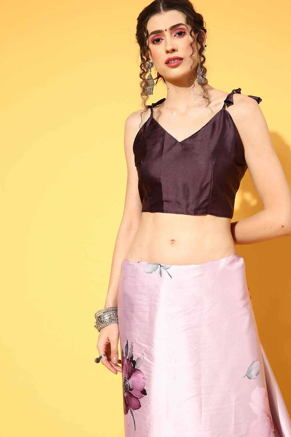 Buy Arya Crepe Pink Printed Designer One Minute Saree Online - Front