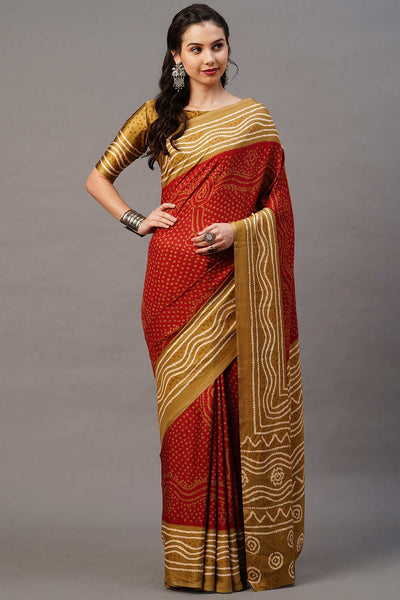 Buy Kadjah Red Tie Dye Printed Satin Silk One Minute Saree Online - One Minute Saree