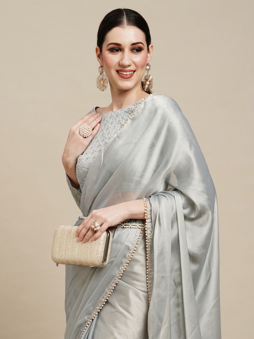 Buy Sula Silver Grey Georgette One Minute Saree Online