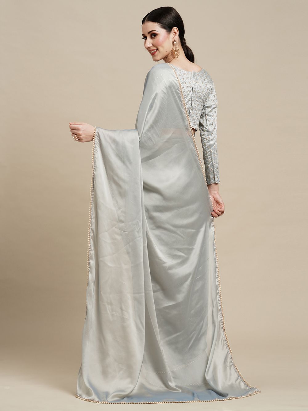 Buy Sula Silver Grey Georgette One Minute Saree Online - Back