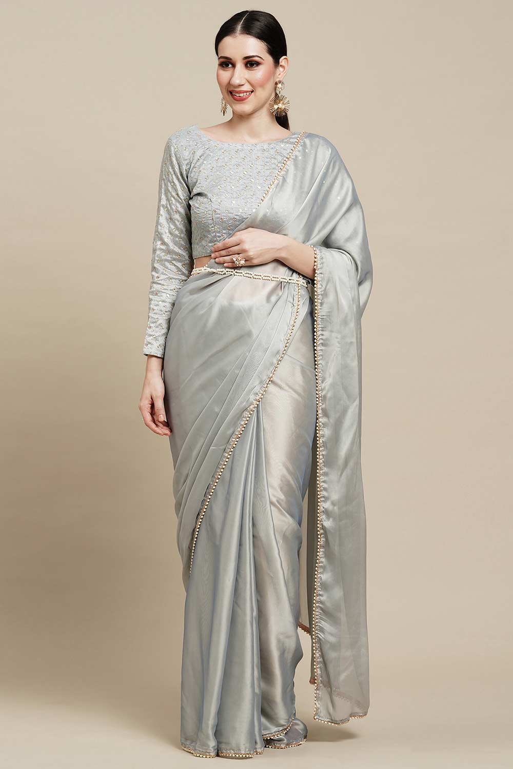 Buy Sula Silver Grey Georgette One Minute Saree Online - One Minute Saree