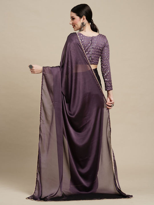 Buy Sula Purple Georgette Solid One Minute Saree Online - Back