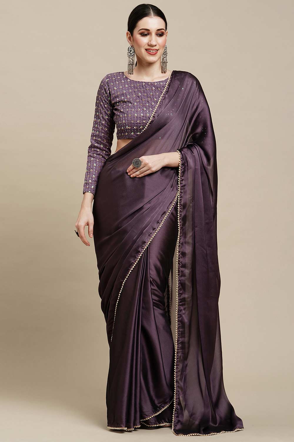 Buy Sula Purple Georgette Solid One Minute Saree Online - One Minute Saree