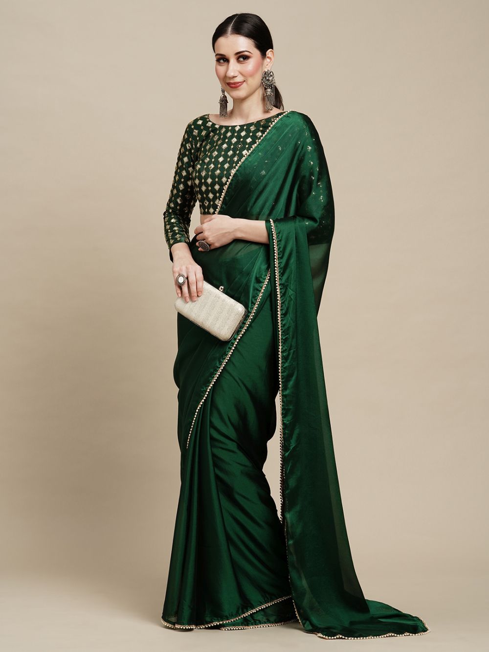 Buy Sula Emerald Green Georgette One Minute Saree Online - Front