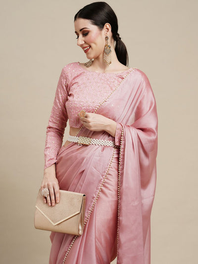 Buy Sula Pink Georgette Solid One Minute Saree Online