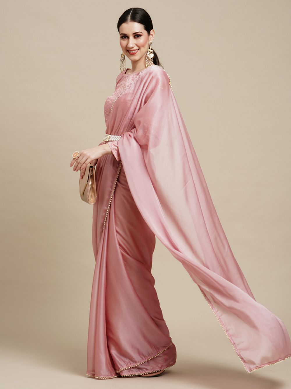 Buy Sula Pink Georgette Solid One Minute Saree Online - Front