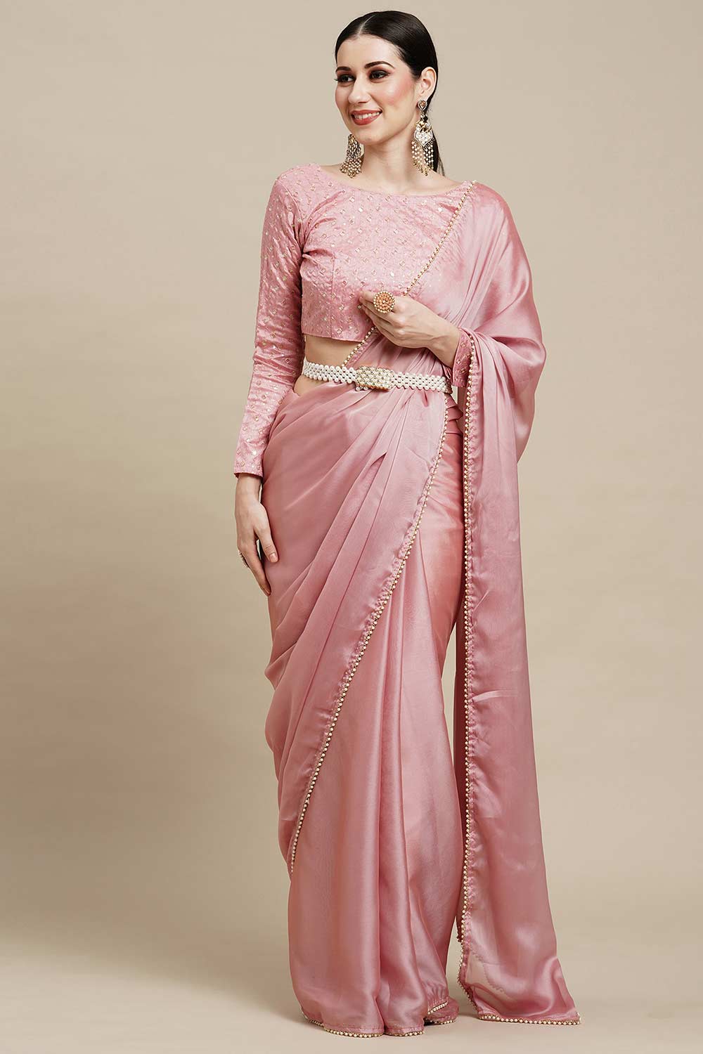 Buy Sula Pink Georgette Solid One Minute Saree Online - One Minute Saree