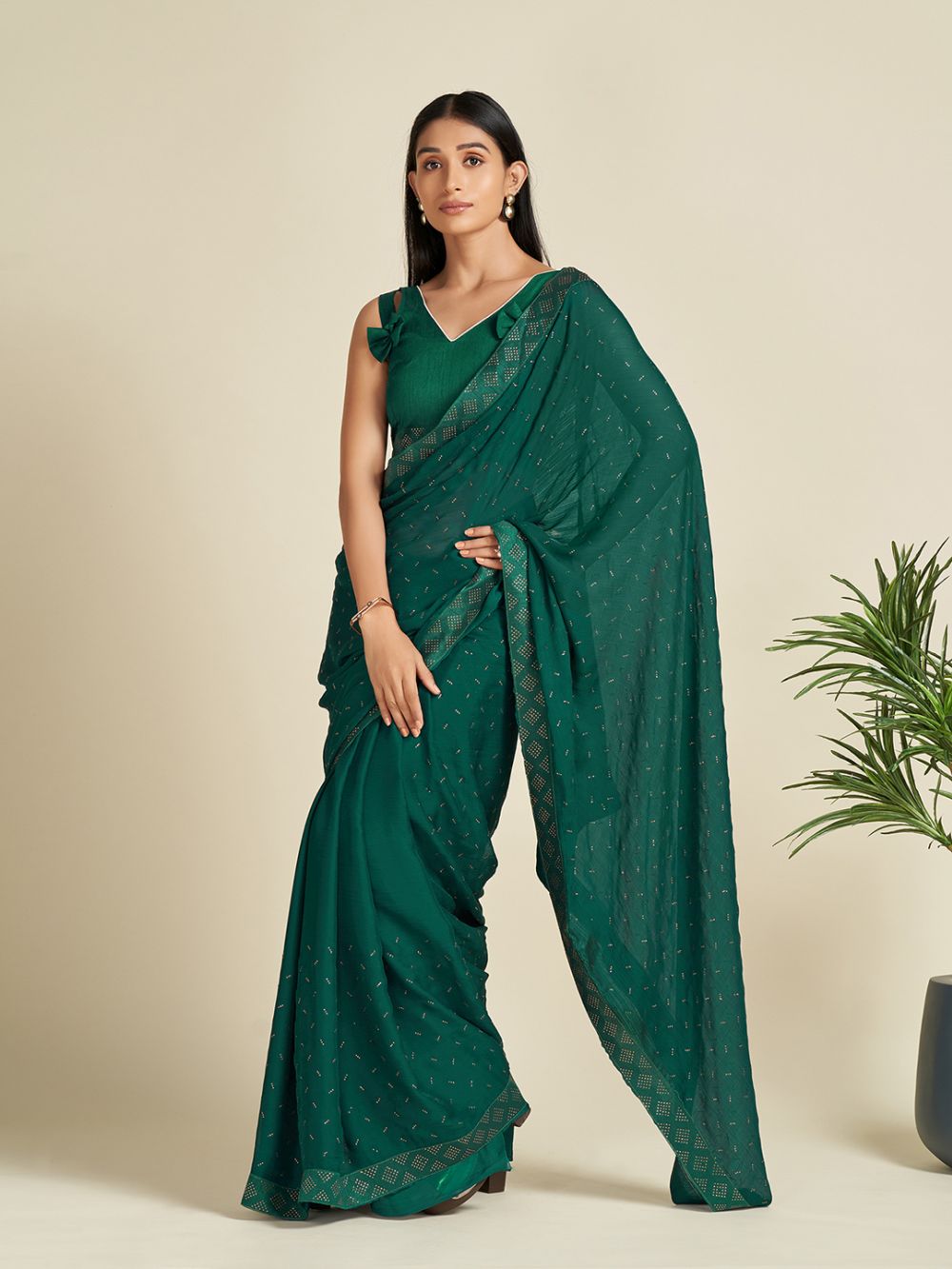 Buy Chelsea Green Faux Satin One Minute Saree Online - Back