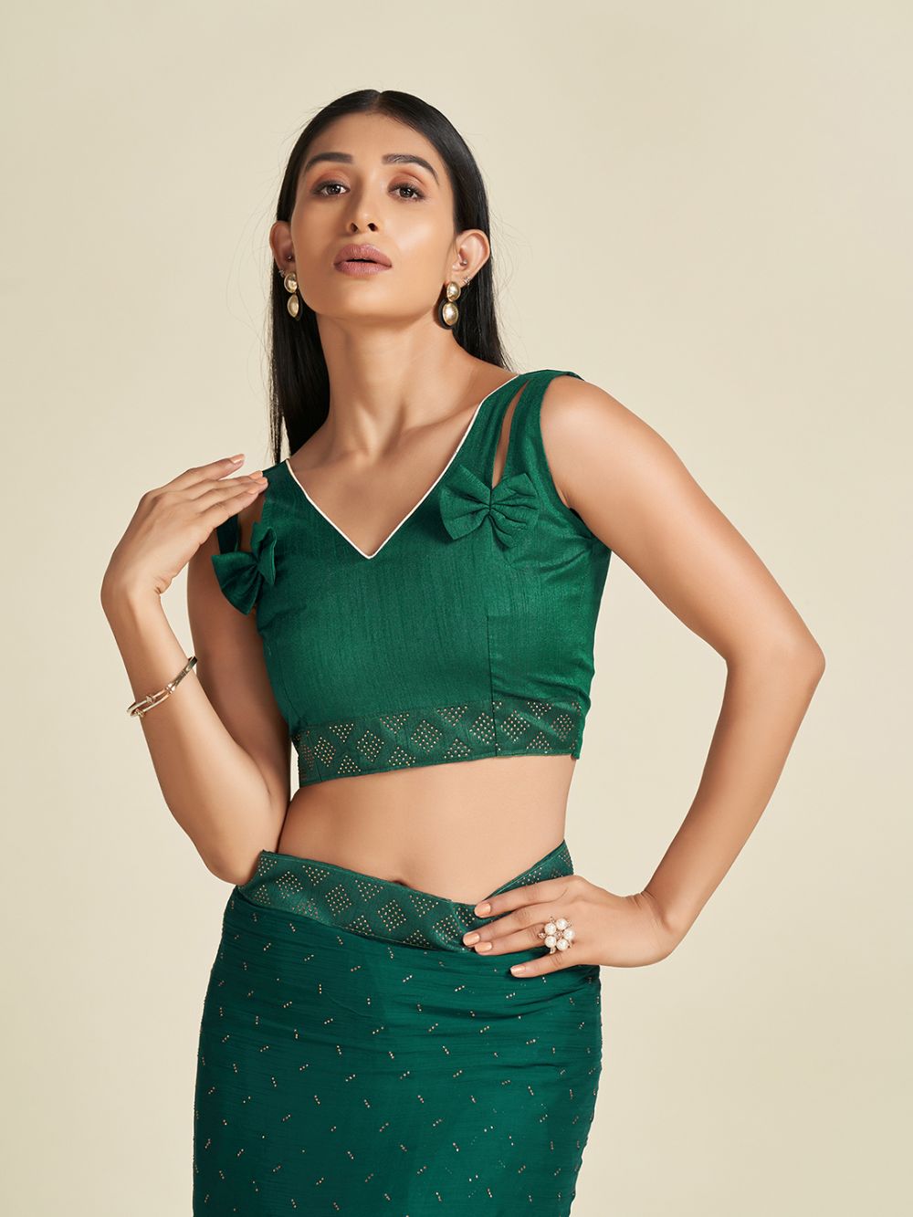 Buy Chelsea Green Faux Satin One Minute Saree Online - Front