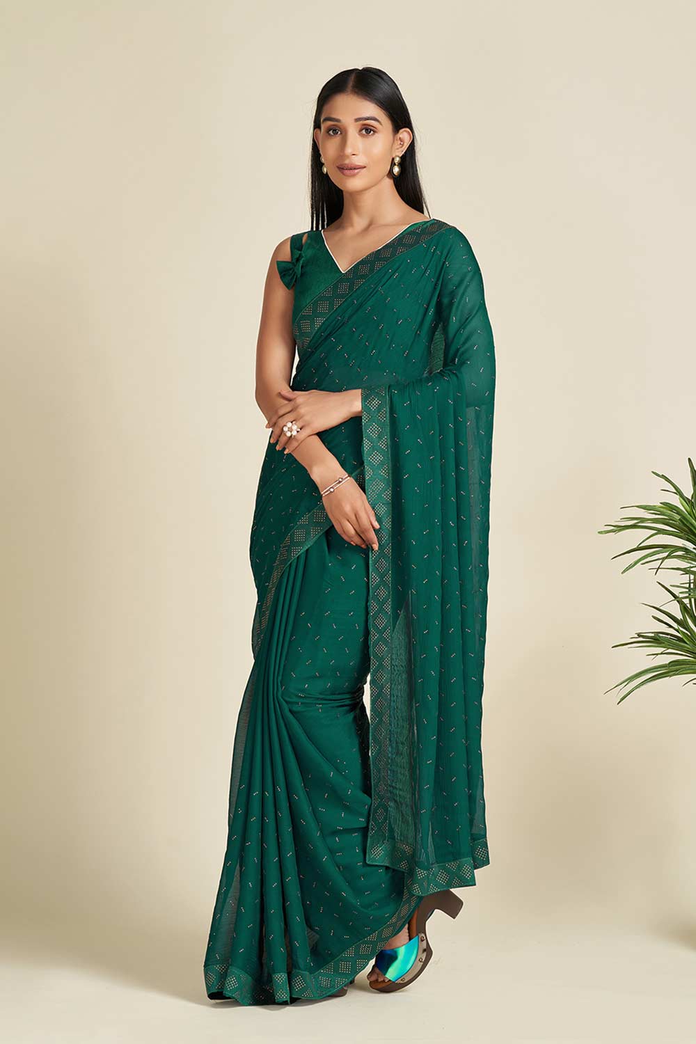 Buy Chelsea Green Faux Satin One Minute Saree Online - One Minute Saree