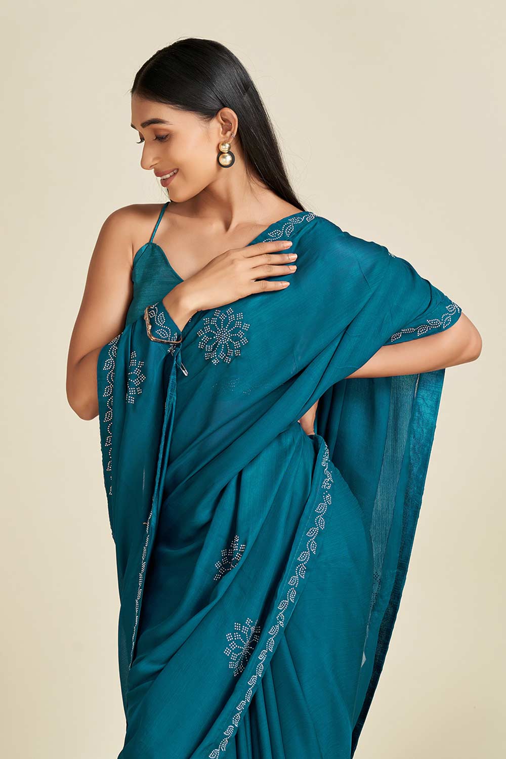 Shop Kirti Teal Blue Satin Stone Work One Minute Saree at best offer at our  Store - One Minute Saree