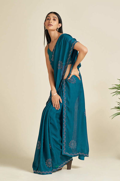 Buy Kirti Teal Blue Satin Stone Work One Minute Saree Online - Back