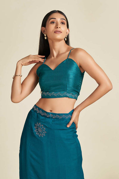 Buy Kirti Teal Blue Satin Stone Work One Minute Saree Online - Front