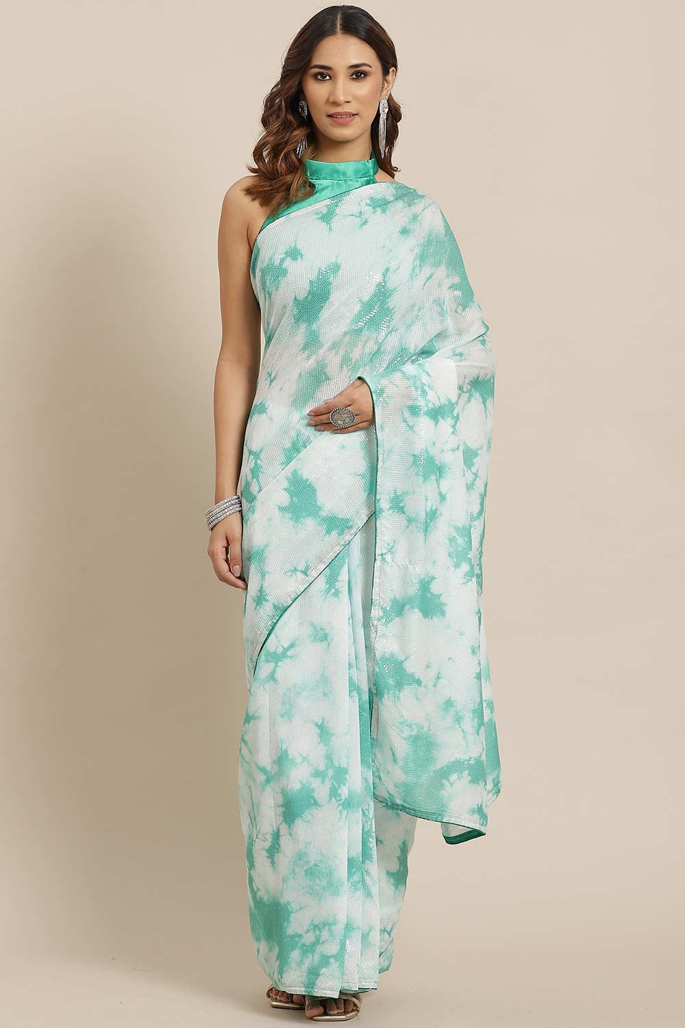 Buy Nari Green Poly Silk Tie And Dye Embellished One Minute Saree Online - One Minute Saree