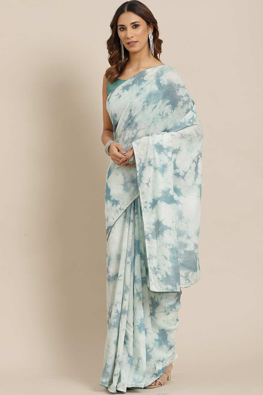 Buy Lata Teal Green Poly Silk Tie And Dye Embellished One Minute Saree Online - One Minute Saree