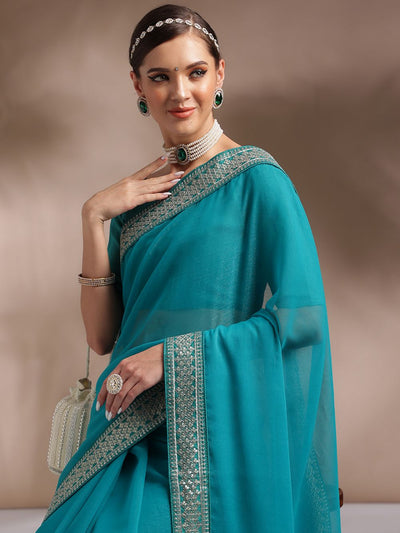 Buy Tessa Blue Georgette Embroidered One Minute Saree Online - Front