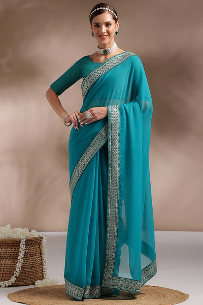 Buy Tessa Blue Georgette Embroidered One Minute Saree Online - One Minute Saree