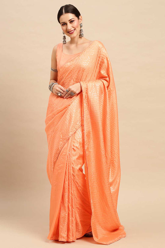 Buy Mindy Peach Dola Silk Striped Sequin One Minute Saree Online - One Minute Saree
