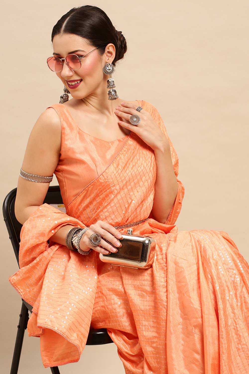 Buy Mindy Peach Dola Silk Striped Sequin One Minute Saree Online - Front