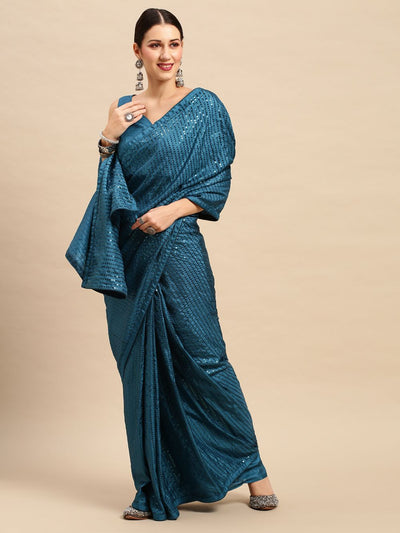 Buy Daphine Turquoise Silk Blend Sequins Striped One Minute Saree Online - Back