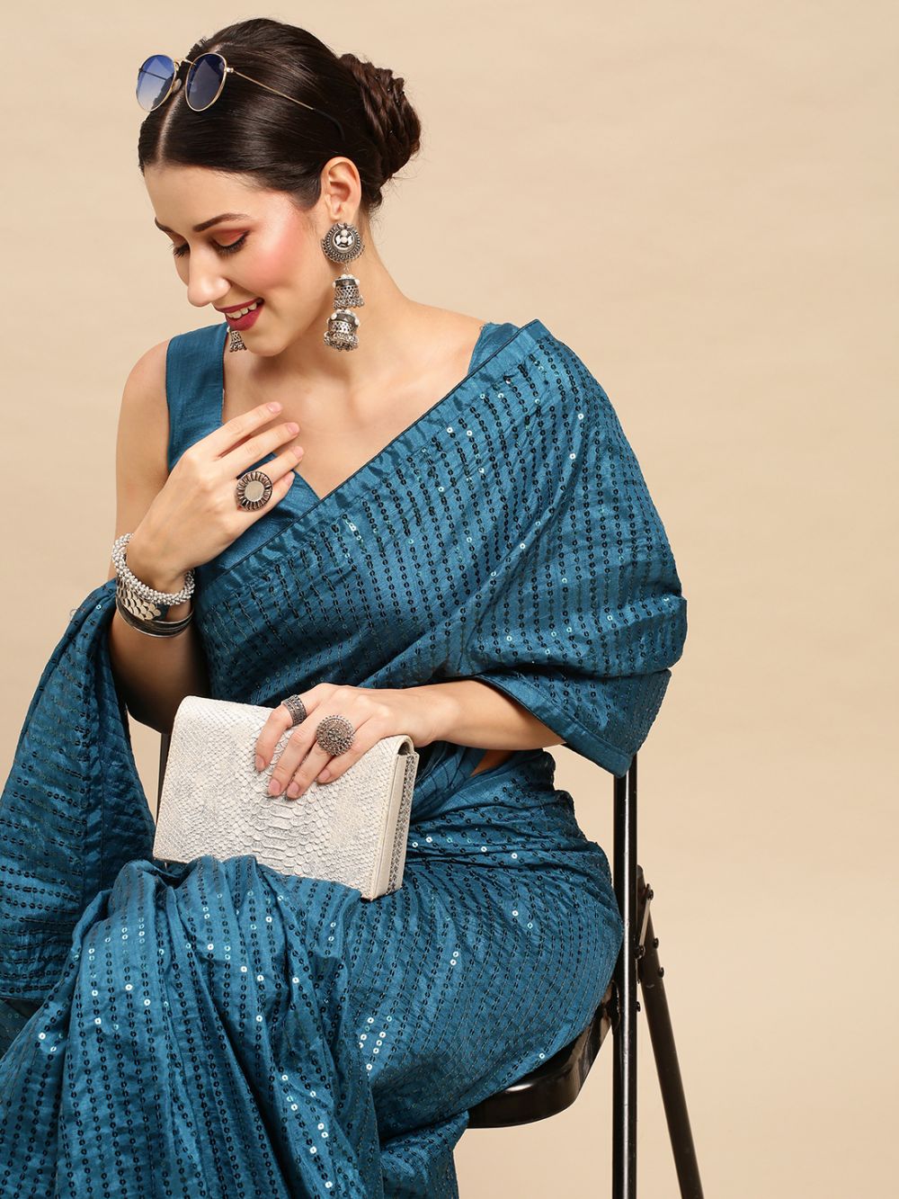 Buy Daphine Turquoise Silk Blend Sequins Striped One Minute Saree Online - Front