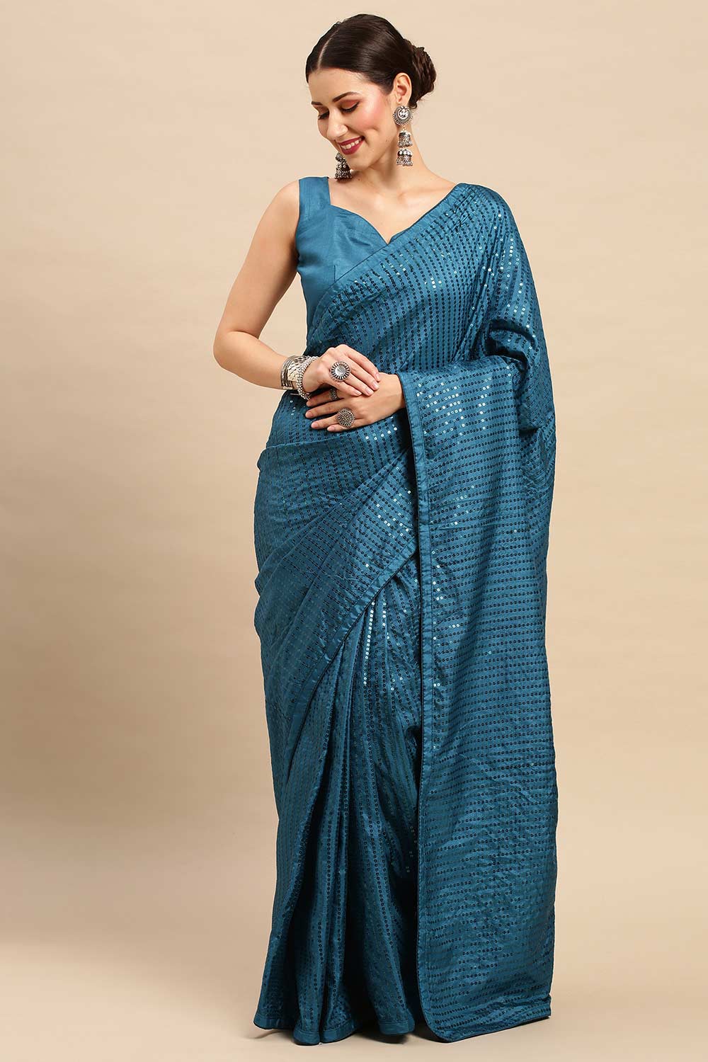 Buy Daphine Turquoise Silk Blend Sequins Striped One Minute Saree Online - One Minute Saree