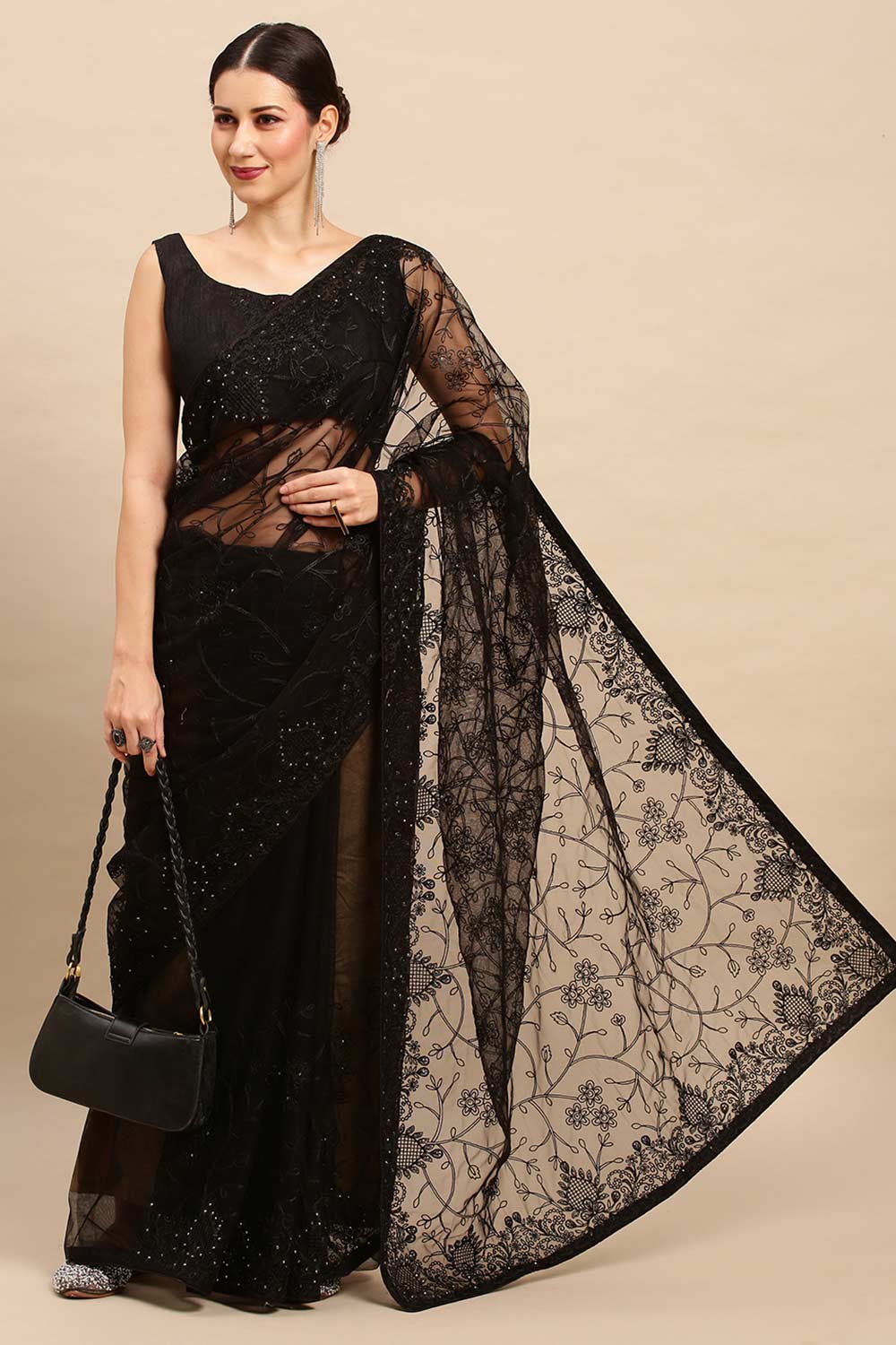 Buy Zoya Black Net Floral Embroidered One Minute Saree Online - One Minute Saree