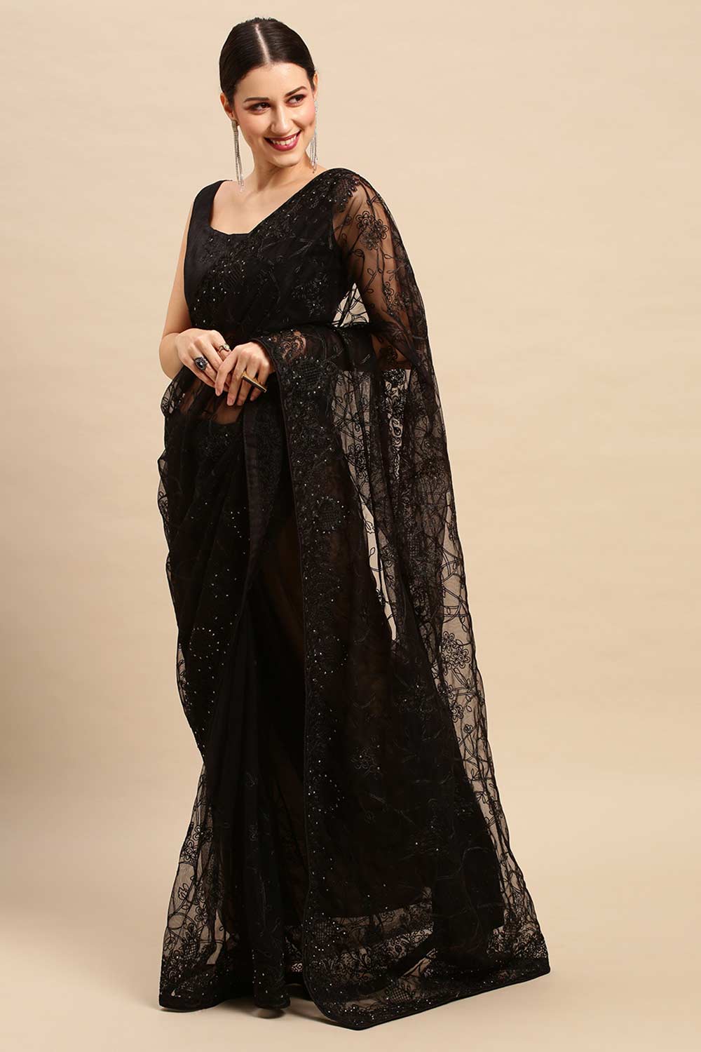 Buy Zoya Black Net Floral Embroidered One Minute Saree Online - Front