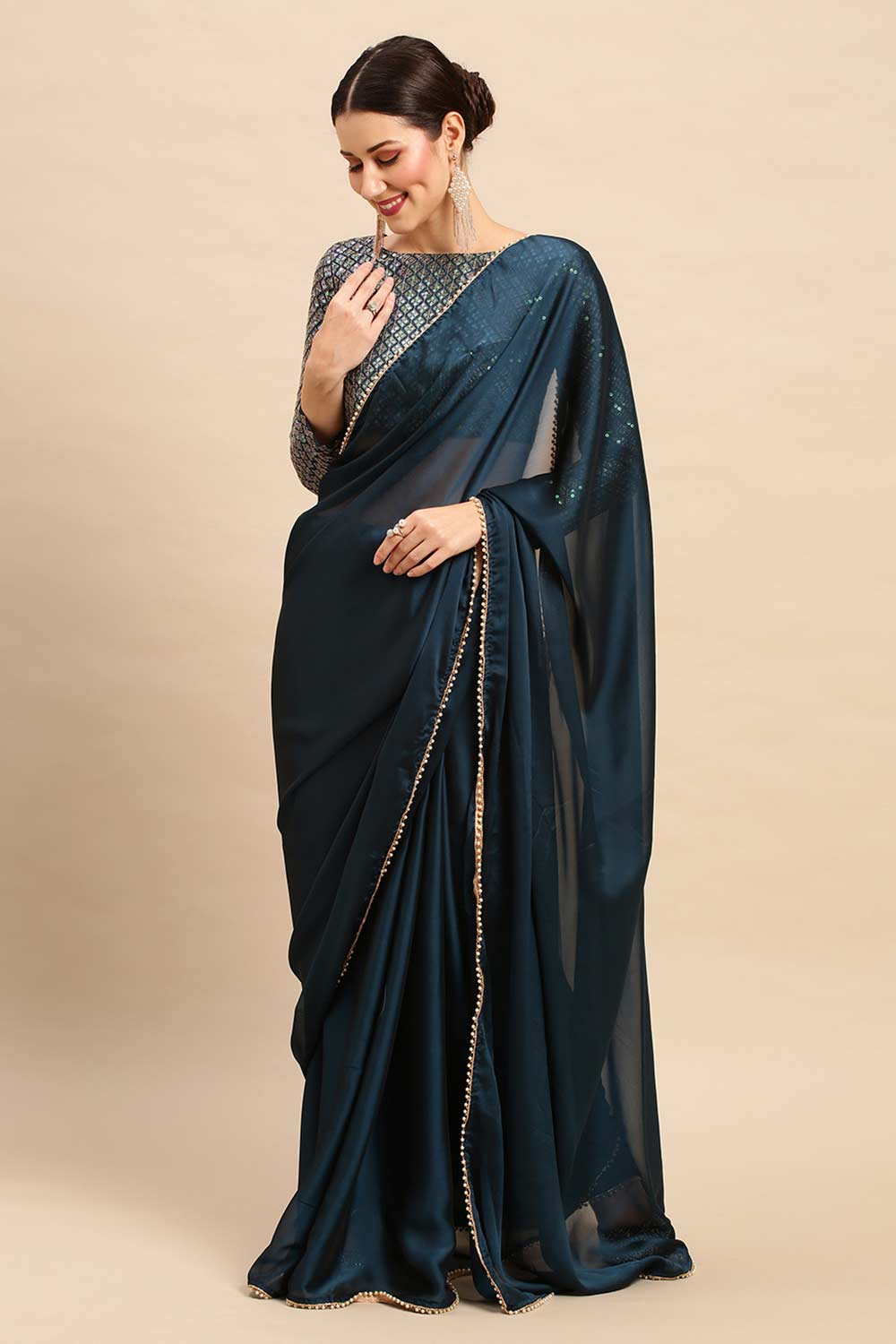 Buy Avani Teal Blue Georgette Solid One Minute Saree Online - One Minute Saree